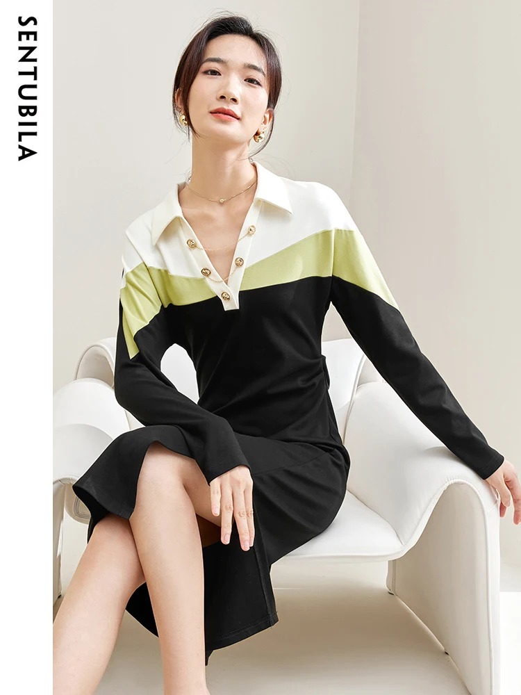 SENTUBILA Slit Retro Midi Dress for Women Spring Autumn Long Sleeve A-Line Temperament Slim Contrast Female Dresses 133L50755