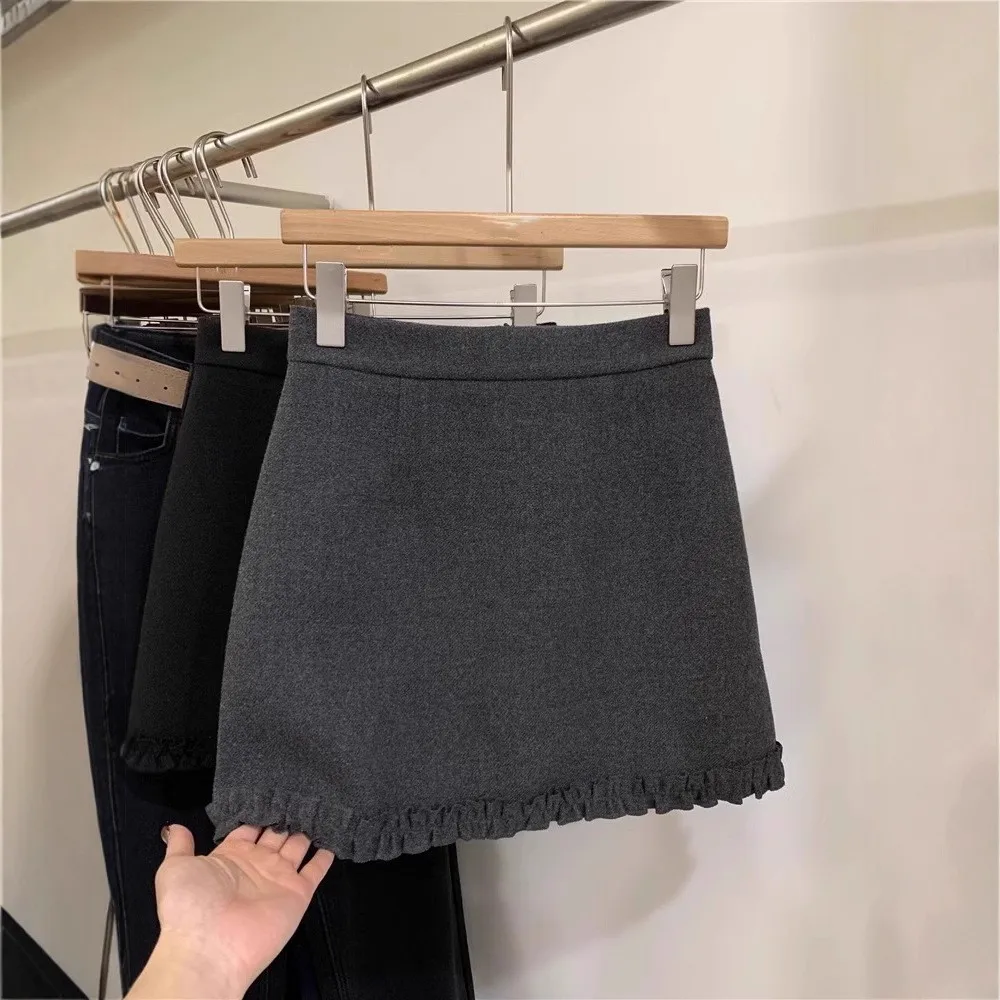 

Grey Woolen High Waist A-Line Skirt Women's Spring Autumn Slimming Lace Splicing Casual Style Standard Fit Short Skirt