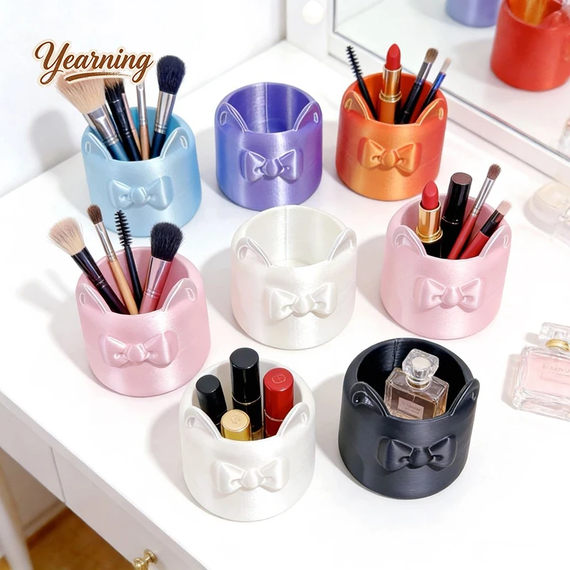 

Cute Cat Ear Desktop Storage Box Bow Makeup Organizer Bucket Vanity Pen Holder Jewelry Tray For Girls