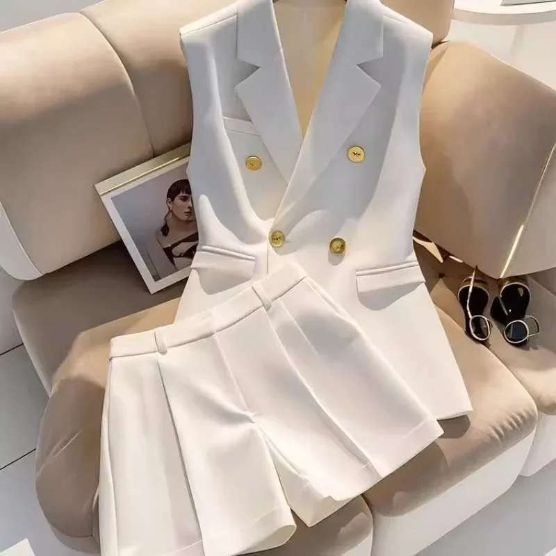 

Elegant Office Lady Sleeveless Blazer and Shorts Set with Gold Button White Two Piece Suit Women Summer Business Casual Outfit