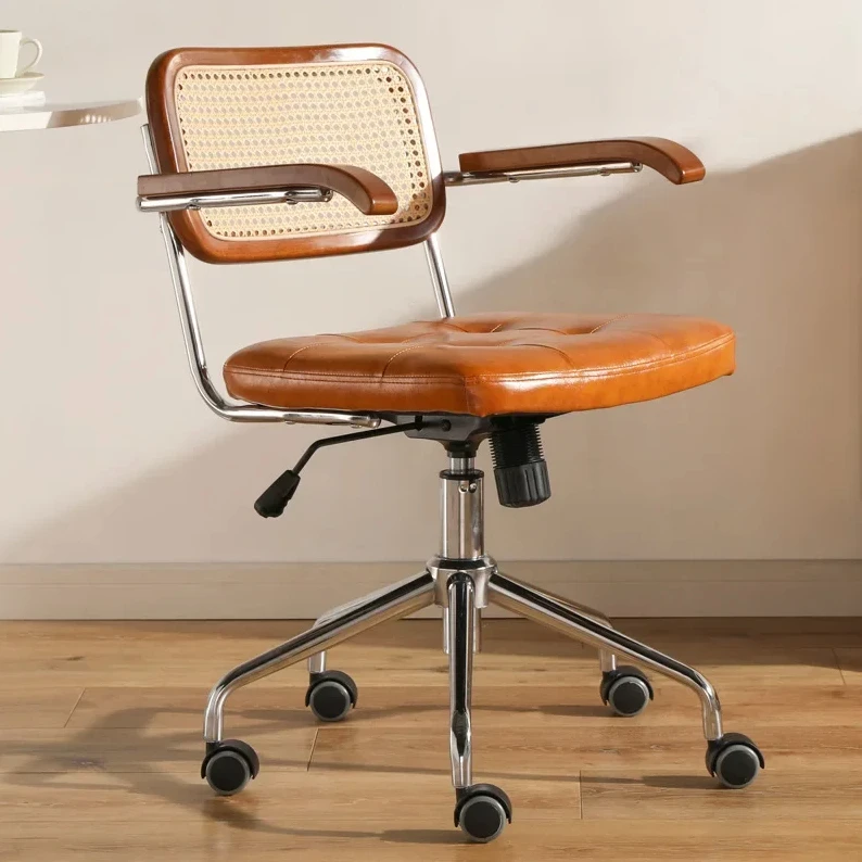 

Retro rotating chair Rattan computer office chair Japanese comfortable storage study desk seat breathable armrest rattan chair