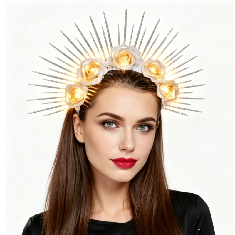 Day of the Dead Glowing Rose Halo Crown Gothic Spiked Sun Headpiece Black Red White Flower Headband for Women Cosplay Vintage P