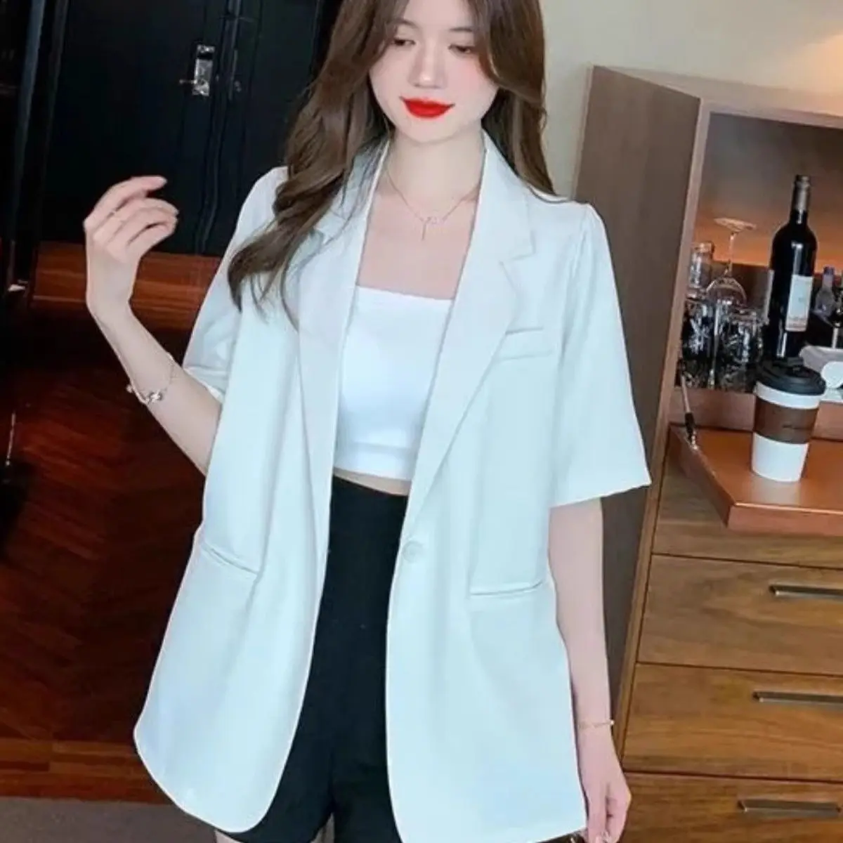 クロージャーワイルドアウターコートミッドレングスディープシンチプロフェッショナルオーバーコートリボンミディアムラペルフラワーオールマッチスプライスドウィメンズブレザー