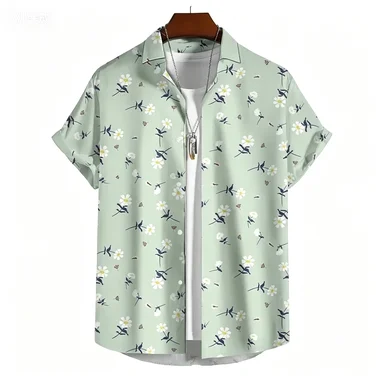 Summer Healing Light Green Daisy Print Short Sleeved Shirt for Men and Women, Refreshing and Versatile Beach Casual Flower Shirt