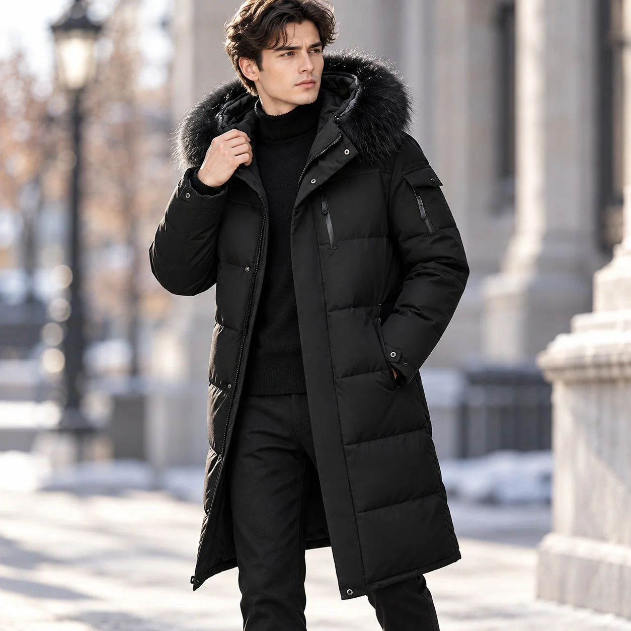 Style Hooded Coat Fitted Casual with Windproof Extra Thick Lapel Collar Multiple Pockets Fitted Cut Long Length Winter for Men