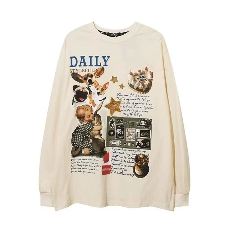 DAYIFUN femme lettre imprimé T-shirt Style américain rétro fille à manches longues T-shirt Miracle ample polyvalent dames col rond hauts