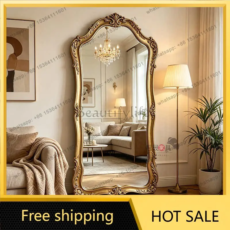 LS American vintage carved dressing mirror, wall-mounted villa luxury walk-in closet, classic floor-standing fitting mirror