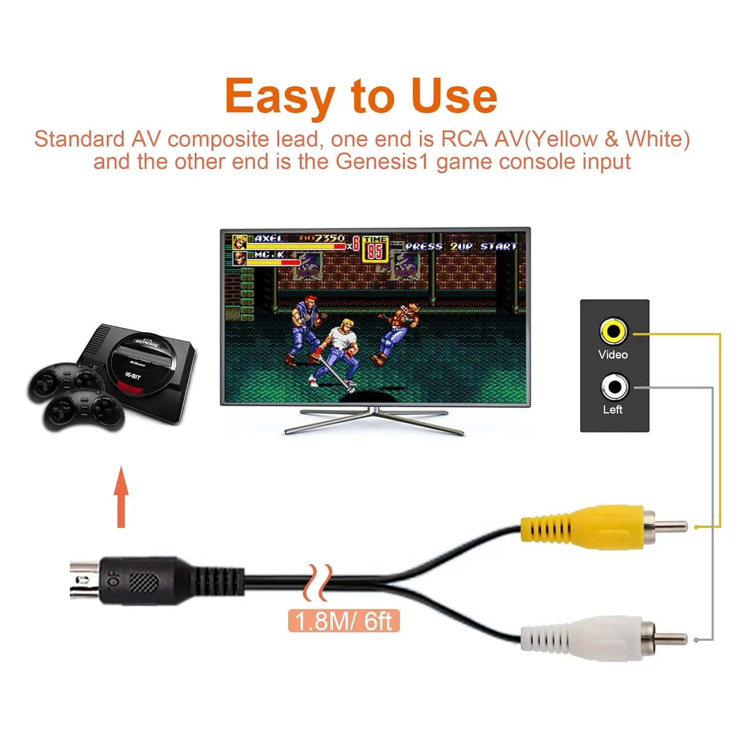 AV Audio Video Cable For SEGA Mega Drive 1 RCA Cord AV Connection Composite 5 Pin Plug 1.8M/6FT Cable For Genesis 1 Accessories