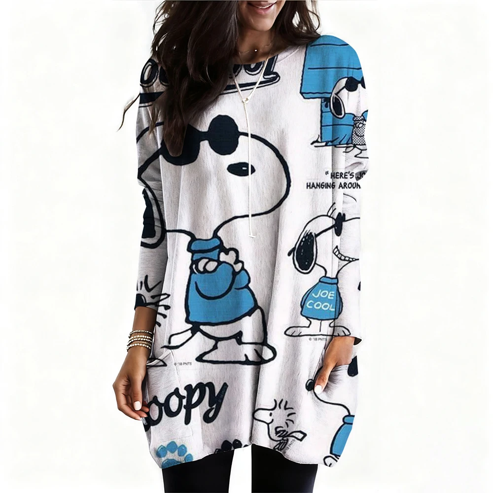 Snoopy imprimé T-Shirt femmes mode décontracté surdimensionné à manches longues T-shirt femmes vêtements hauts t-shirts tunique Mujer robe ﻿