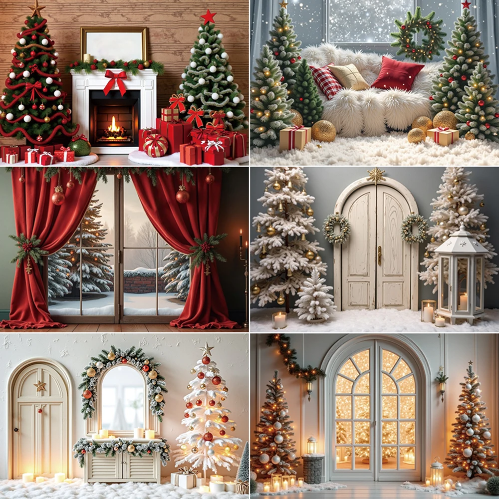 MOON.QG 2025 Christmas Backdrop Photography Window Xmas Tree New Year Photozone Background Children Photo Studio Photozone Props