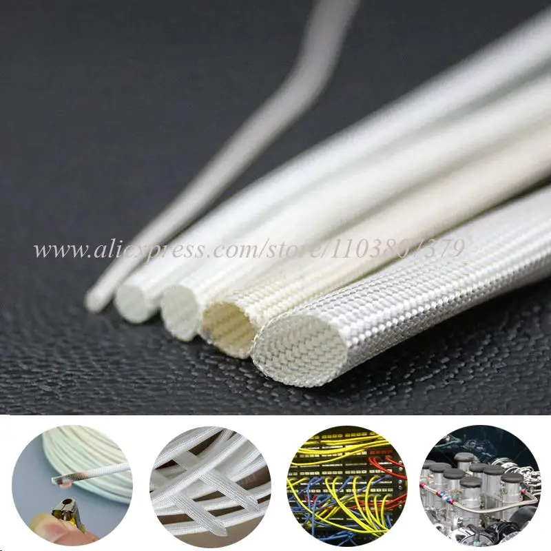 White 600 degrees Celsius High Temperature Braided Soft Fiber Tubing Insulation Cable Sleeving Fiberglass Tube 1-50mm Diameter