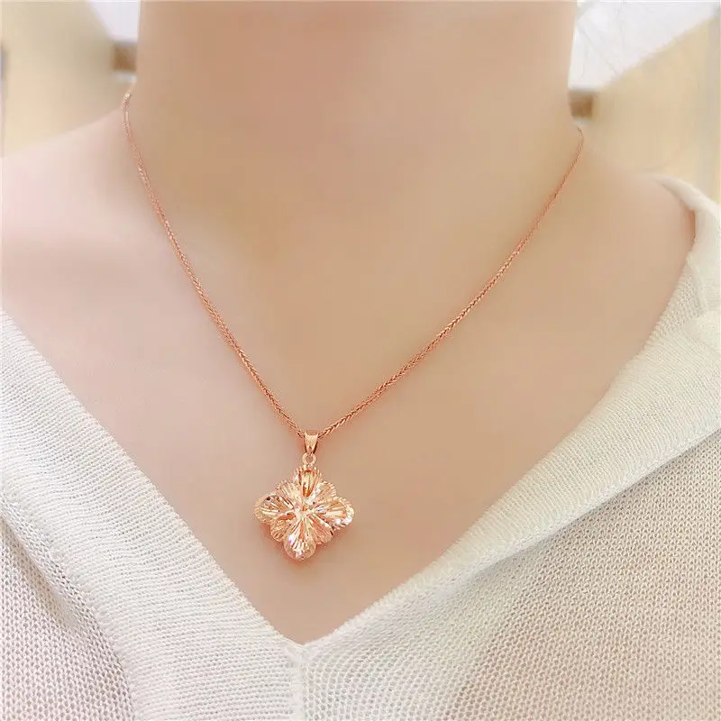 Plated 14K Rose Gold Shining Classic Necklace clavicle chain 585 Purple Gold Fashion hollow out Flower Pendant Wedding Jewelry