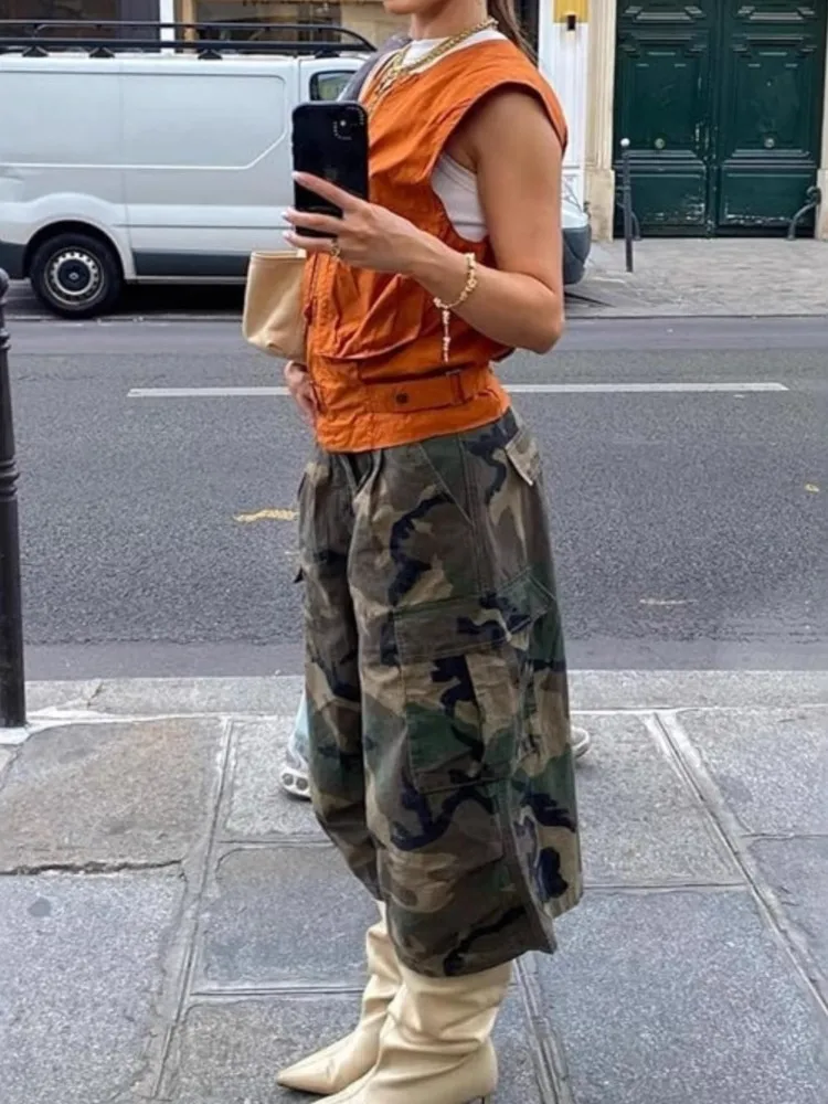 Women's Personality Street Hipster Fashion Casual Pants Summer Camouflage Workwear Style Pocket Loose Wide-leg Three-piece Pants