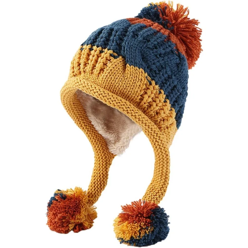 

Women Winter Peruvian Cover Ears Beanie Hat Ear Flaps Sherpa Ski Snow Hats Knit Fleece Lined 3 Pom Pom