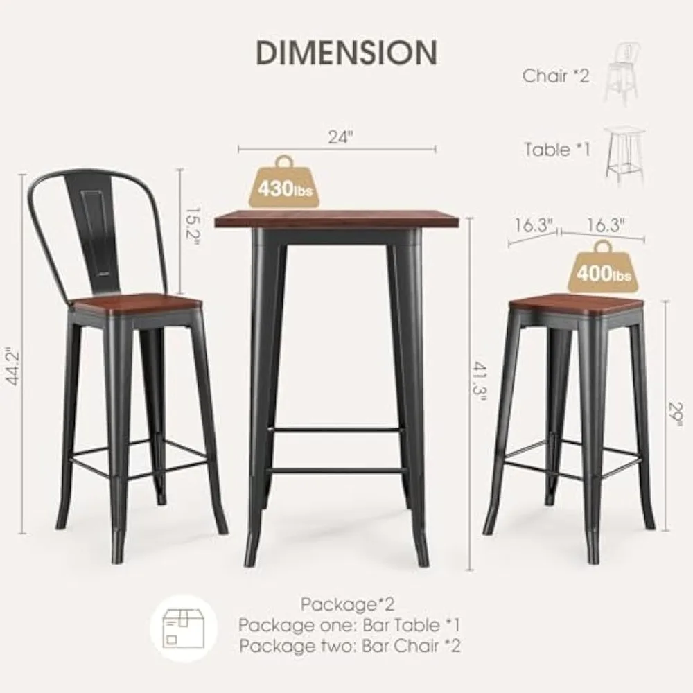 Conjunto de mesa e cadeiras bistrô de 2, conjunto de mesa e cadeiras de bar com tampo de olmo sólido e estrutura de metal, mesa e cadeiras de pub conjunto de 2 para