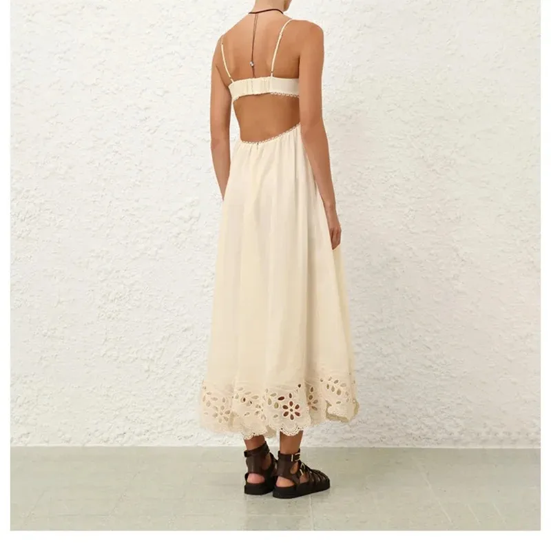 New Collection Women's Beige Sleeveless Embroidery Cut Out Backless Midi Dress for Holiday