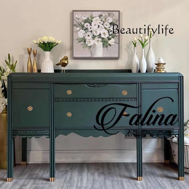 

French solid wood engraved entrance cabinet American light luxury home decoration cabinet living room dining side cabinet