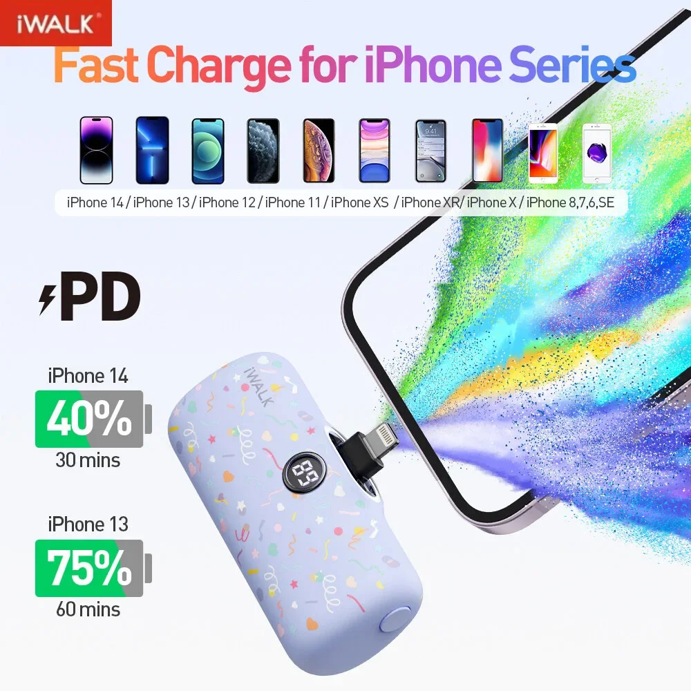 iWALK-External Power Bank, Capsule with Colorful Pattern, Portable Battery, Fast Charger for iPhone, Fast Charge Powerbank