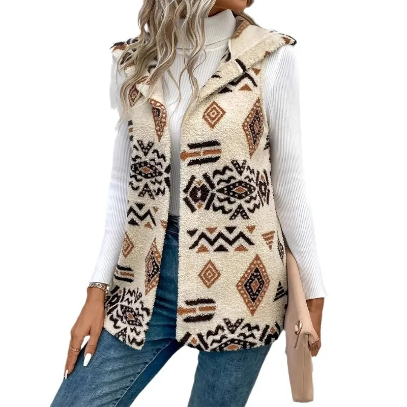 2025 Double-sided Printed Brushed Hooded Vest Buttonless Casual Women