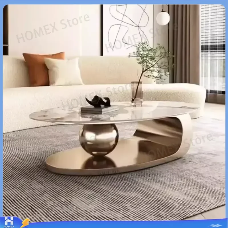 Italian Luxury Oval Sintered Stone Coffee Table Modern Minimalist Metal Base Wear Resistant Slate Tea Table Designer Living