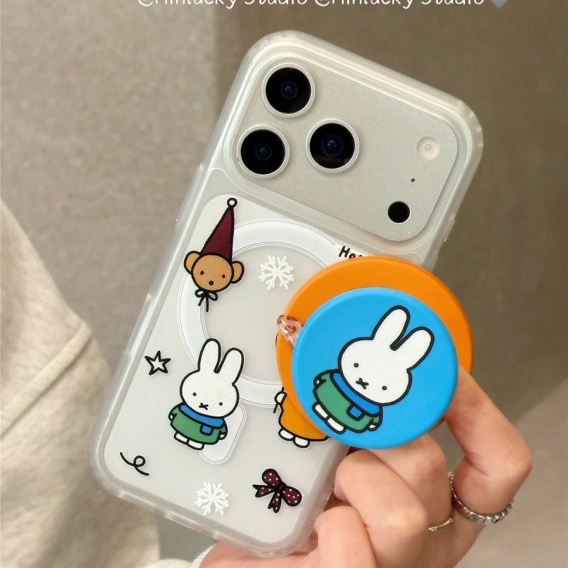 

Ins Korean Cute Cartoon Miffy Rabbit Magnetic Holder Phone Case Matte Shockproof Soft Cover For Iphone Girls Case