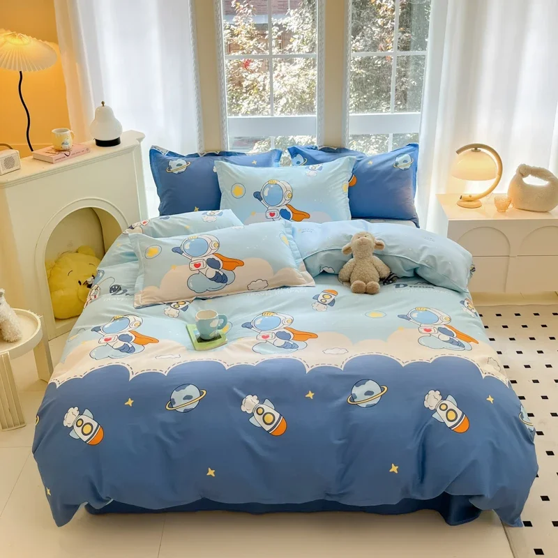 Astronaut Cartoon Duvet Cover Set Queen Size Space Planet Printed Cotton Bedding Comforter Cover Set for Kids Boys Bedroom Decor