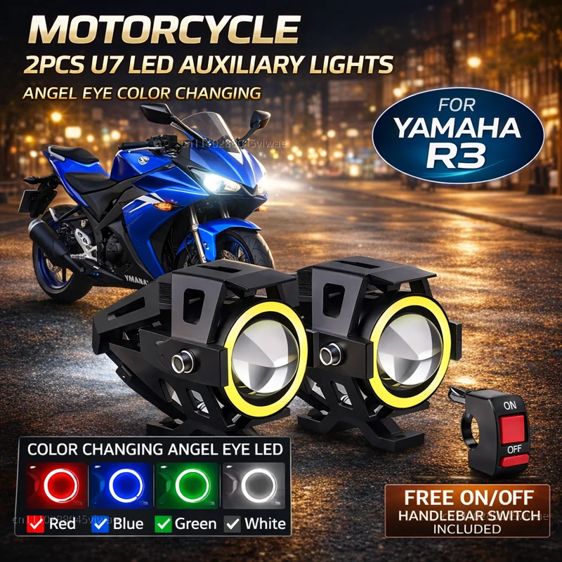 Waterproof Motorcycle LED Headlight 3000LMW U7 Motorbike LED Driving Fog Spot Light with Switch For yamaha YZFR3 YZF-R3 YZF R3