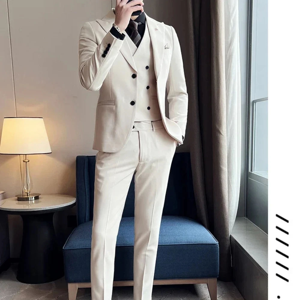 2024 Peak Polo Collar Men's 3-piece Suit Jacket Vest Pants Fashion Slim Fit Business Casual Office Set Elegant Wedding Clothing