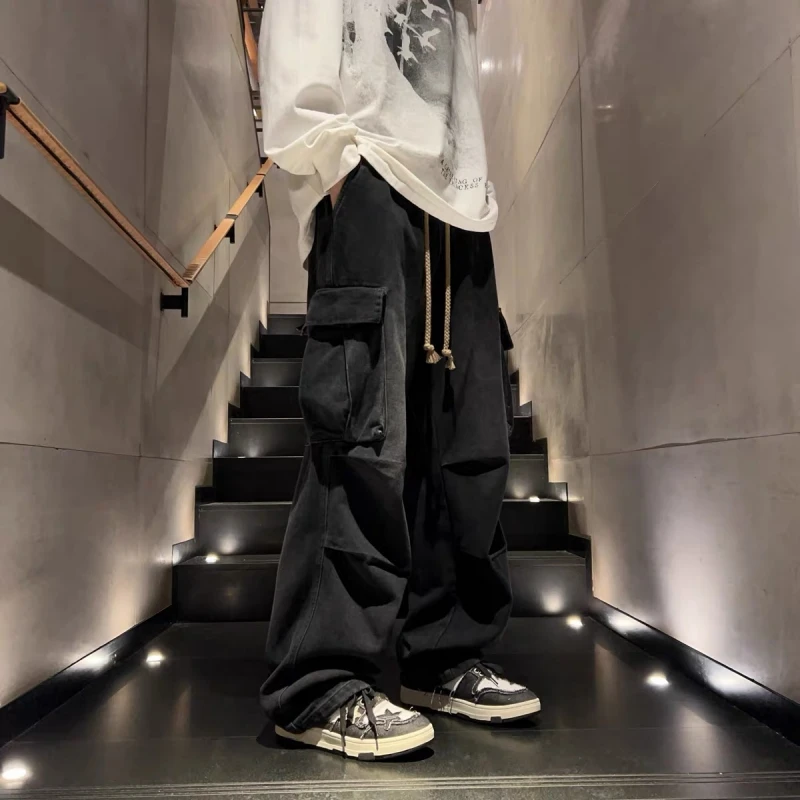 

Мужские джинсы-стринги в стиле тай-дай, прямые, свободного кроя, повседневные брюки с большими карманами, рабочие брюки, струящиеся, в американском стиле