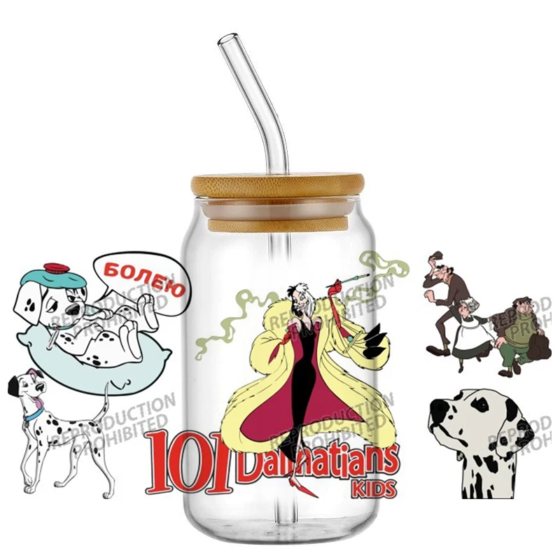Popular Designs UV DTF 3D Cute 101 Dalmatians Cartoon Dog Transfer Sticker 16oz Glass Can Cup Coffee Mug Car Wrap DIY Decals