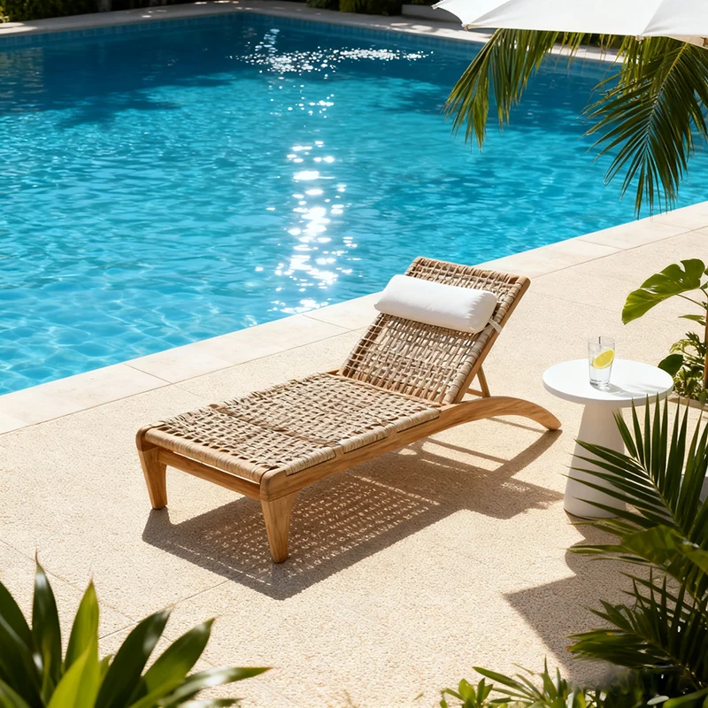 

Современный портативный шезлонг для пляжа и бассейна из тика и водонепроницаемого ротанга PE