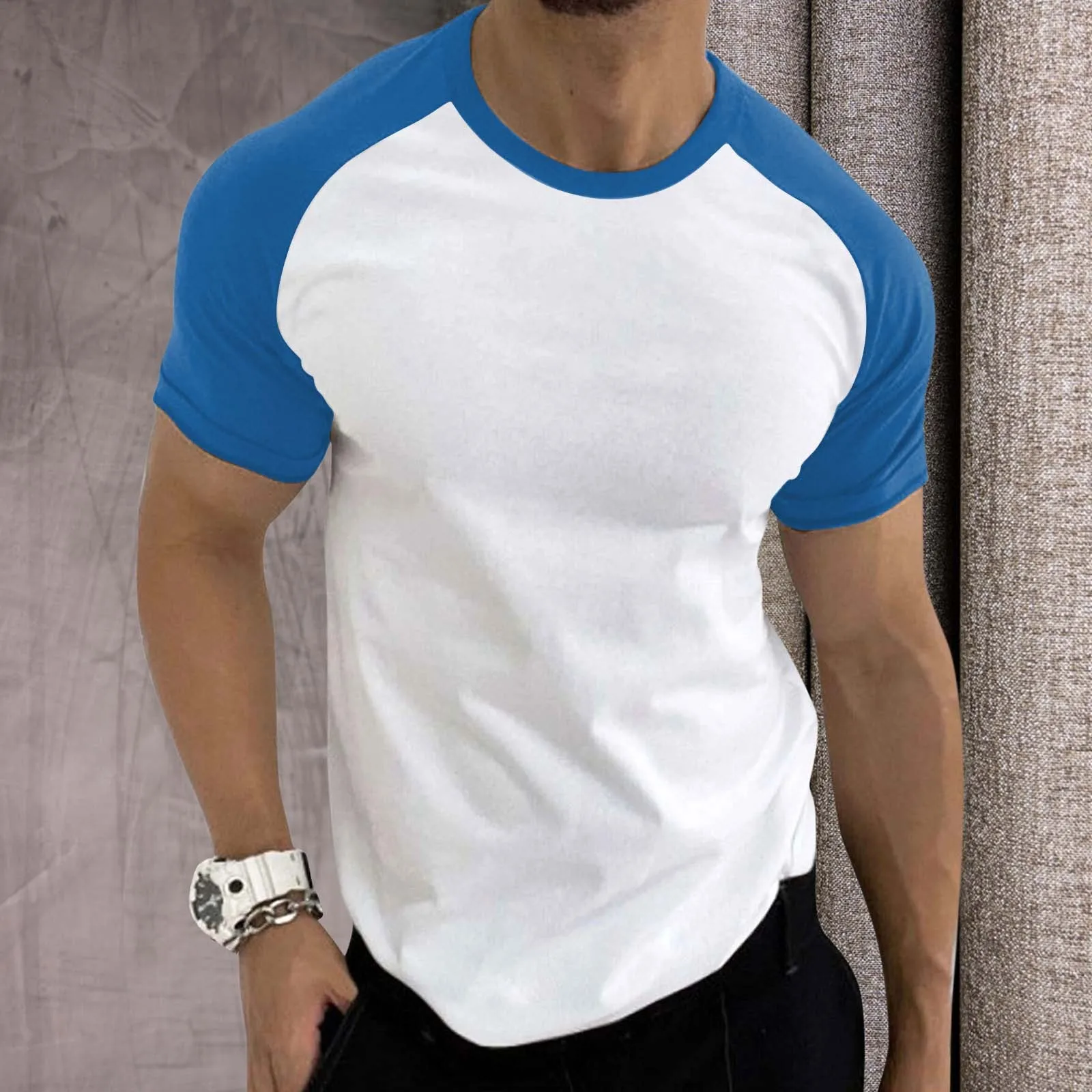 Mens Spring Summer Casual Sports Color Block Raglan Sleeves Round Neck T Shirt Cotton T Shirts Men Soft