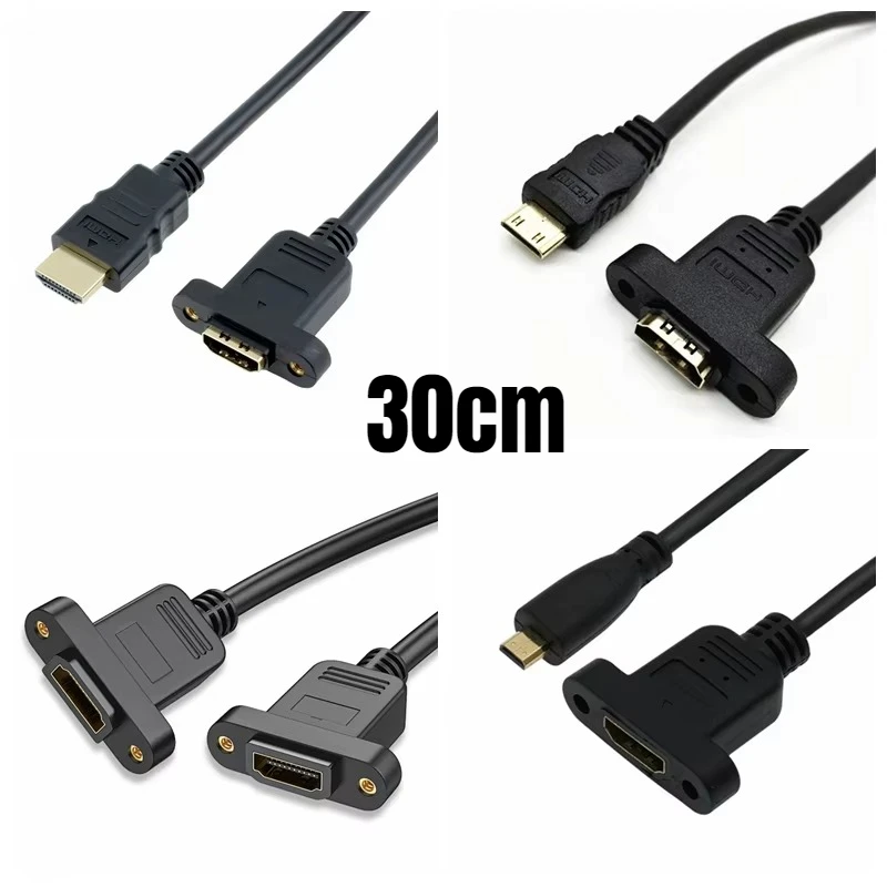 30cm HDMI Extension Cable with Screw Hole Fixed Ear Panel Mount Cable for PC TV Monitor Projector Chassis Wall Installation
