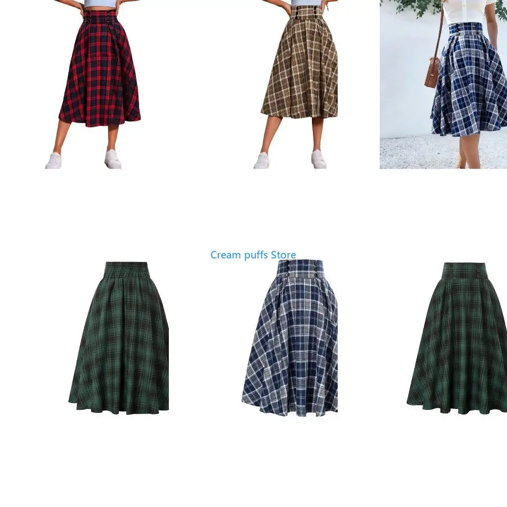 

50LE Women's plaid elastic waist A-line pleated maxi skirt