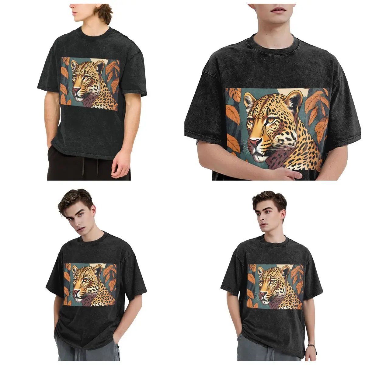Leopard In Forrest Hip Hop Short Sleeve T-Shirts Washed Tops Tees Streetwear T Shirt Harajuku for Men Women