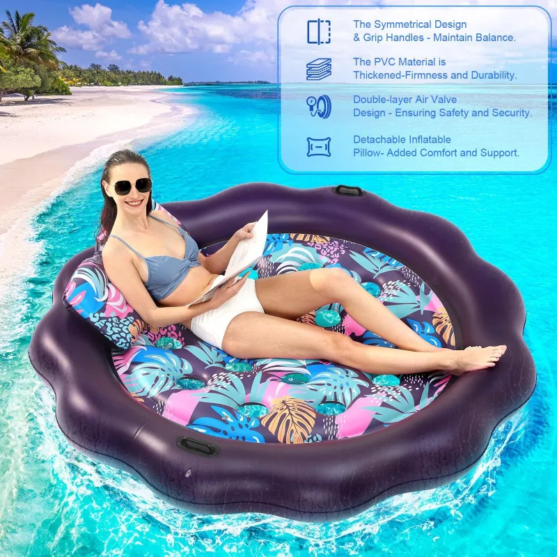 Nouveau lit flottant double gonflable à eau, prise extérieure, feuille d'érable noire, lit d'eau rond pour deux personnes, inclinable flottant