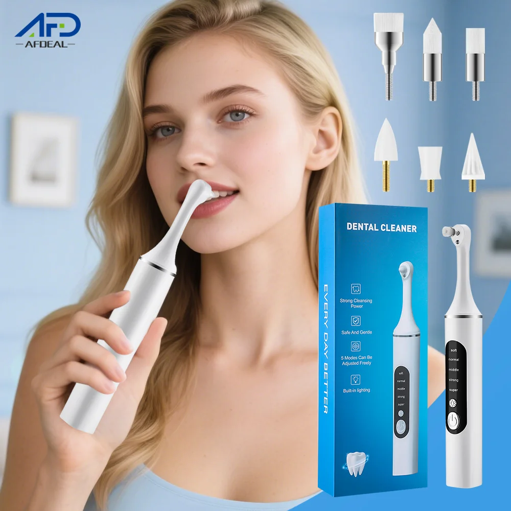 Electric Tooth Polisher Teeth Whitening Cleaner 5 Speed Modes with 6 Brush Heads LED Light Plaque Dental Tartar Remover Recharge