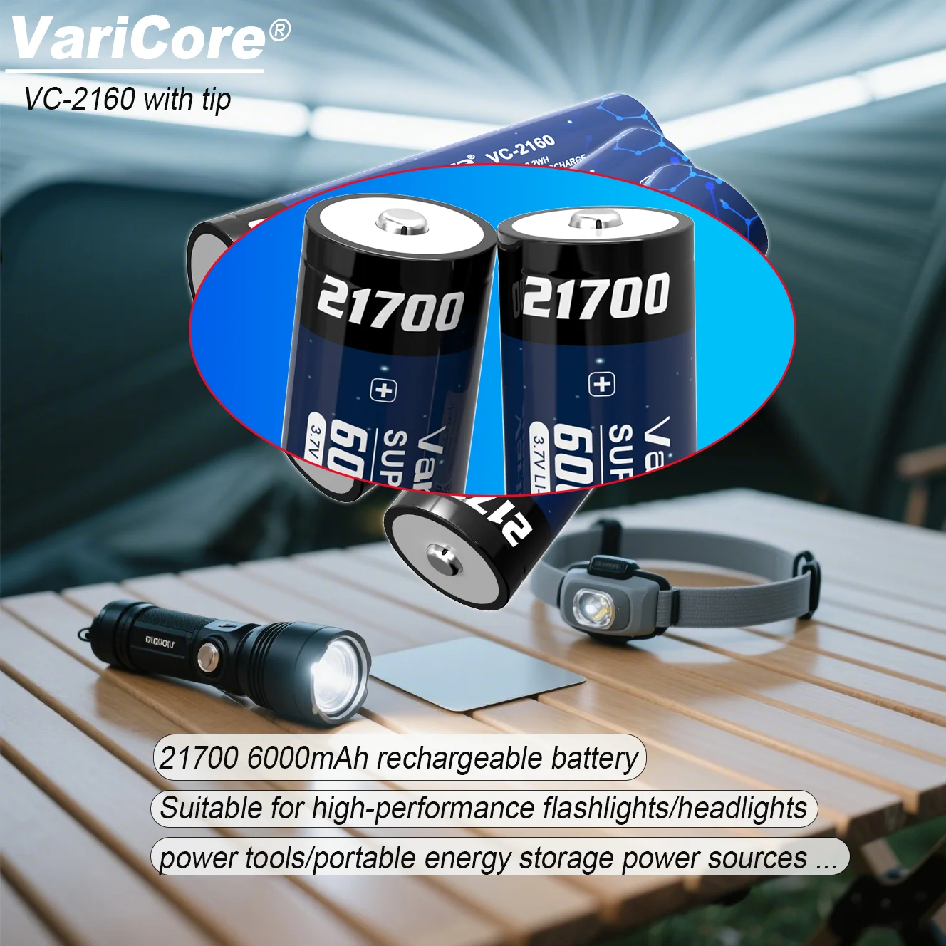 

1-20PCS Original VariCore VC-2160 with Tip 3.7V 6000mAh 21700 20A For Flashinglight High-capacity Lithium Battery (NO PCB)