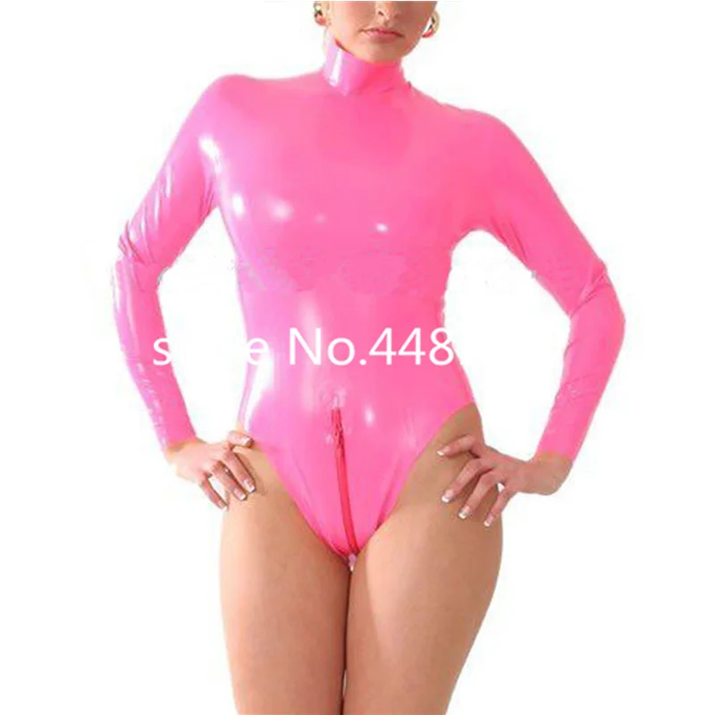 

Handmade Women Pink Latex Swim Suit Rubber Long Sleeves with Front Zipper