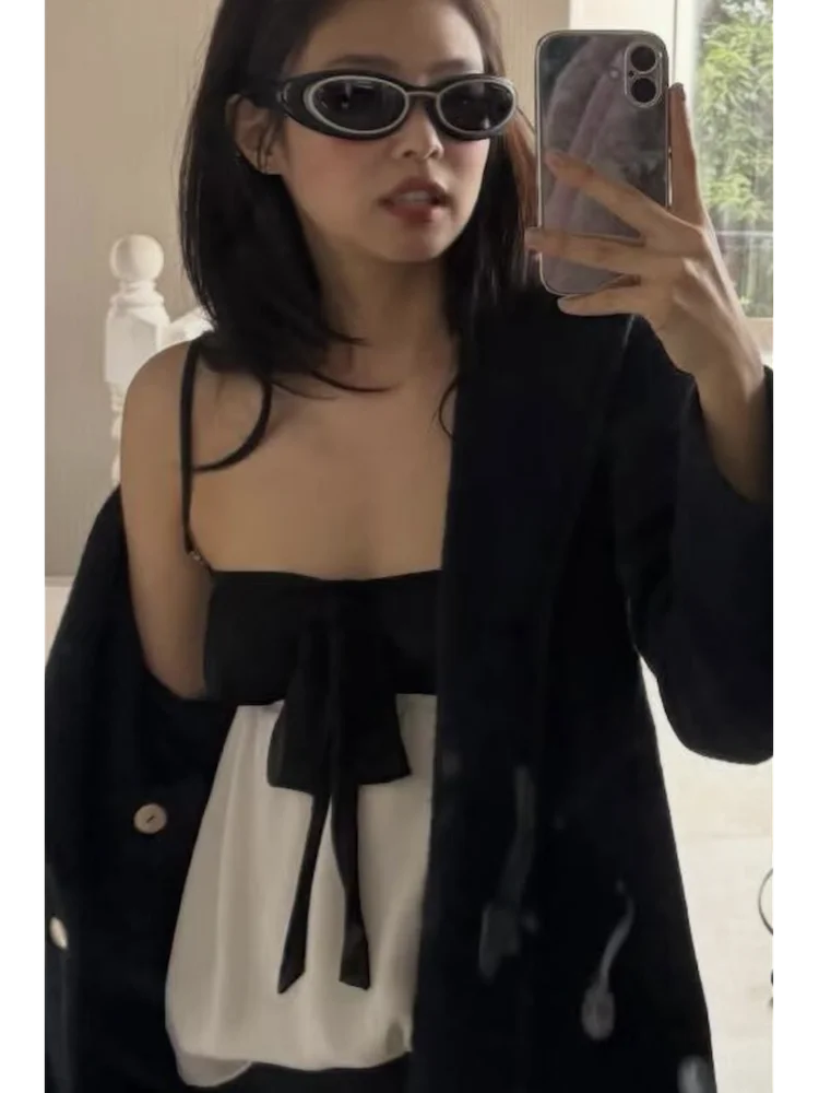 

Jennie Summer Bla White Knot Tie Waist Top Ele Versatile Strapl Vest Women's Faion Chinese Sle Blouse