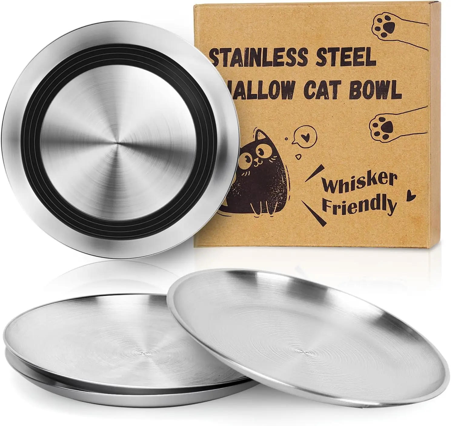 Stainless Steel Cat Food Bowls, Non-Slip Shallow Plates for Wet & Dry Food, 13OZ Kitten Dishes (4Pcs)