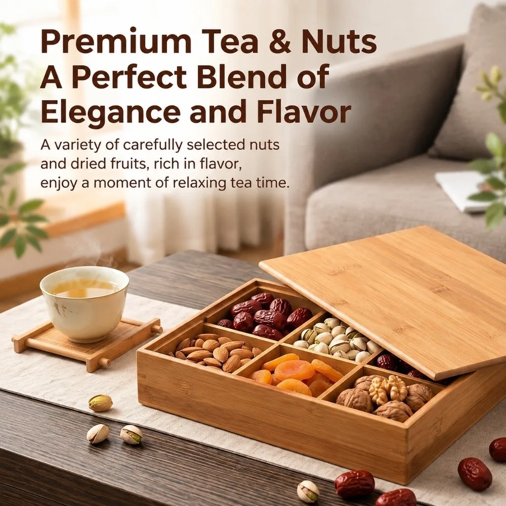 Bamboo Snack Storage Box Square Shape 6 Grid Lidded Compartment Candy Plate Smooth Surface Divided Nut Tray Festive Food Display