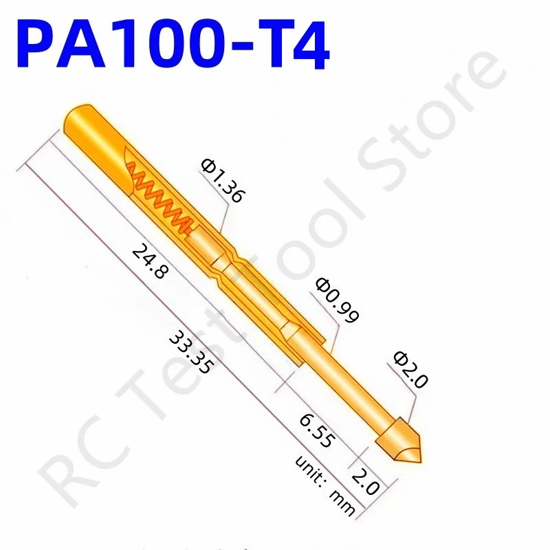 100PCS PA100-T4 Spring Test Probe PA100-T Test Pin P100-T P100-T4 Test Tool 33.35mm 1.36mm Needle Gold Tip Dia 2.0mm Pogo Pin