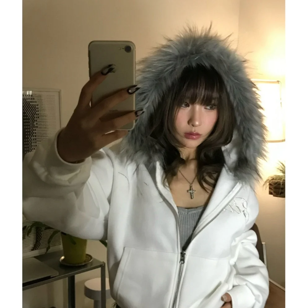 ティエンエド刺繍入りレターフード付きスウェットシャツ、秋冬新作、ストリート系、パーソナル、ファー裏地付き、韓国風、女性用...