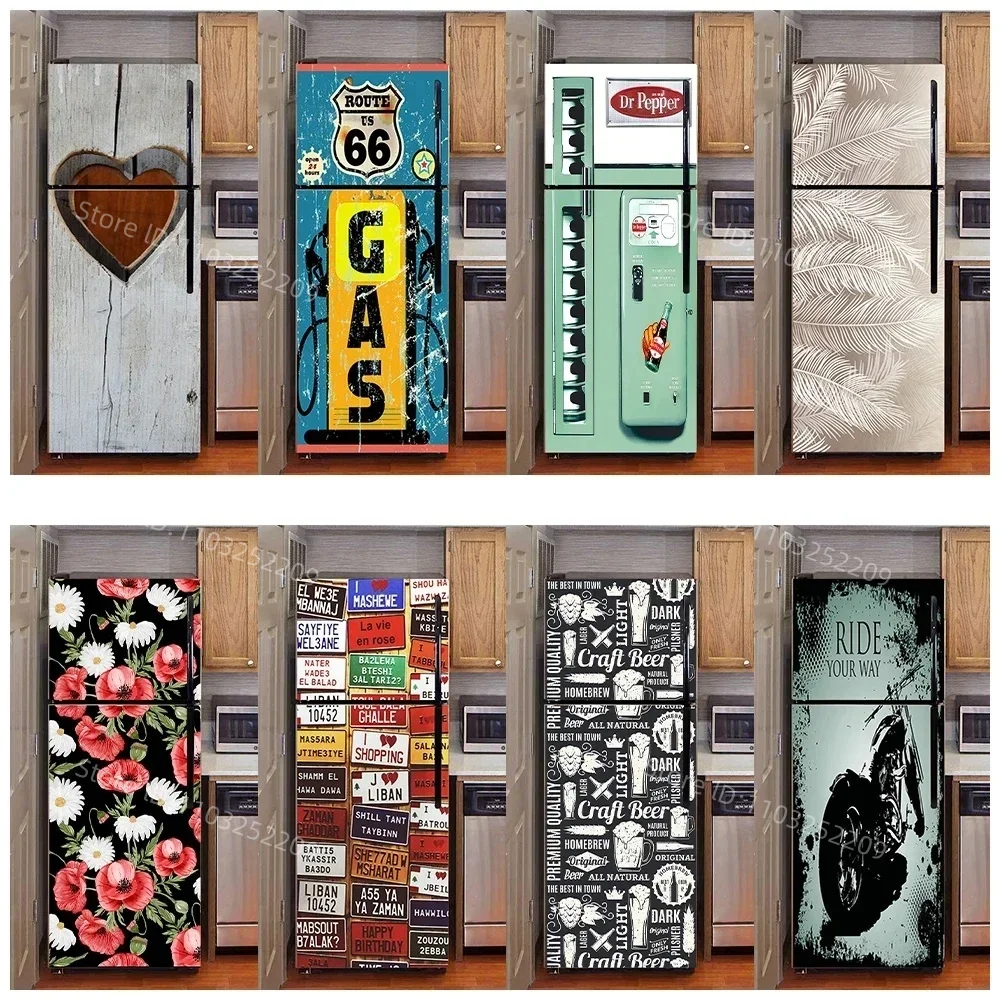 Retro Novelty Refrigerator Mural sticker Vintage Wood Grain Love Printed Fridge freezer Cabinet Wall Art Decals Door Wrap Poster