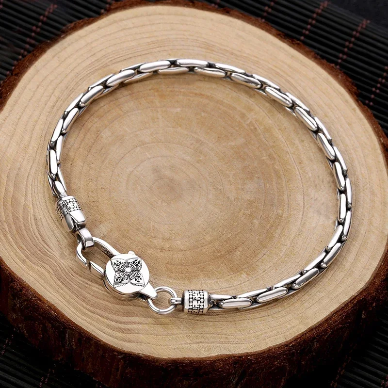 HX Silver 4mm/5mm Jewelry Men\'s Bracelet Personality Peace Pattern Retro Hipster Key Pattern Buckle Gift Accessory Chain Series