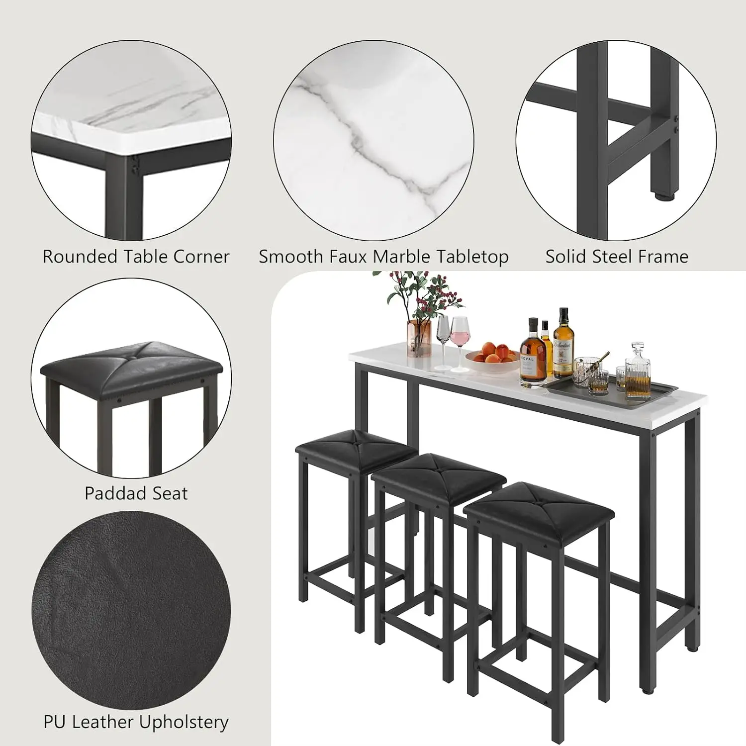 Table Set with 3 Stools,Counter Height Long Bar Table,Strong Metal Frame,Upholstered Stools,Easy Assembly,Modern Style,Suita