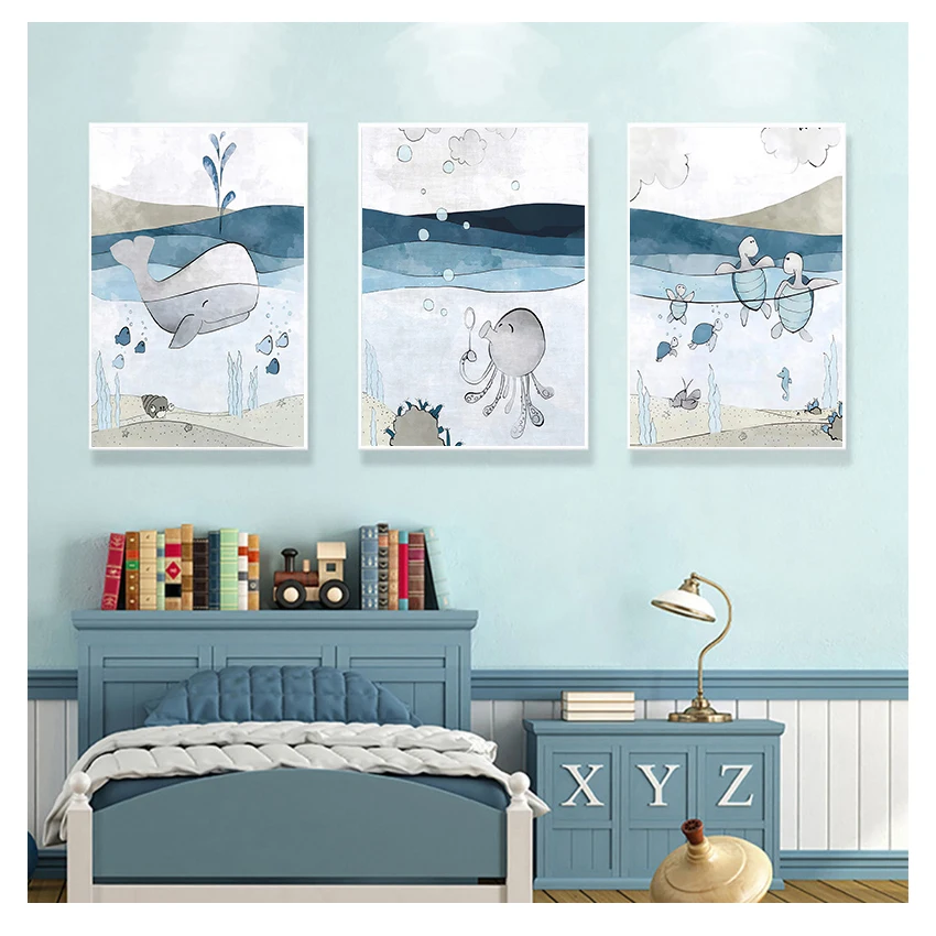 Wall Art Canvas Painting Cartoon Nordic Posters And Prints Wall Pictures Girl Boy Kids Room Decor Blue Sea Whale Turtle Octopus