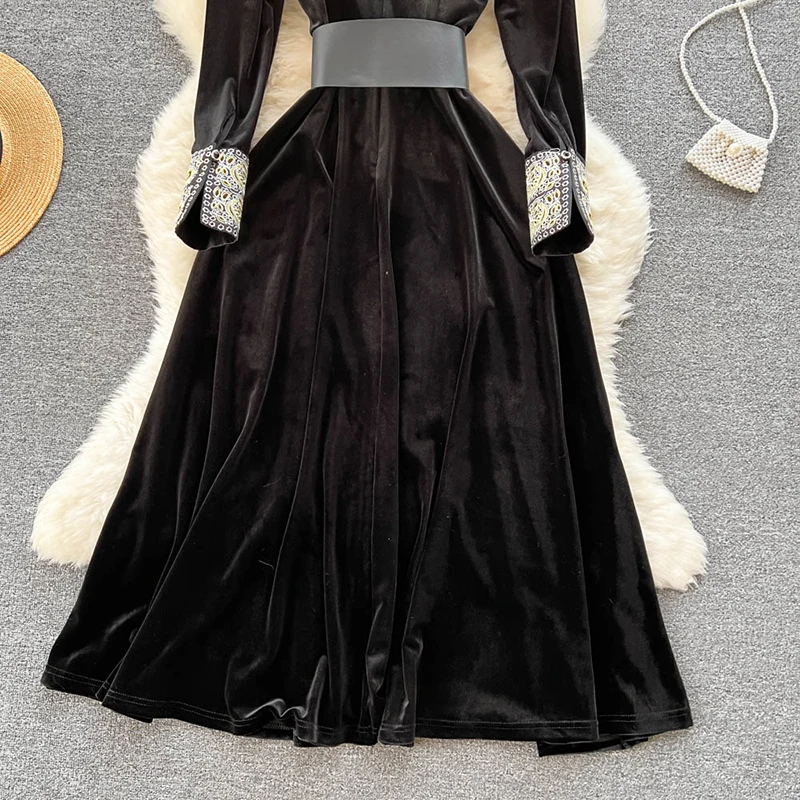 Autumn Winter Vintage Black Velvet Dress Women Long Sleeve V Neck Flower  Embroidered Belt Lace Up Pocket Office A Line Vestidos - AliExpress  200000345
