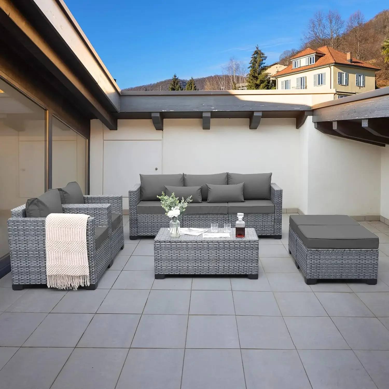6 Pieces Wicker Patio Furniture Sets Outdoor Conversation Set PE Rattan Sectional Sofa Couch Storage Table and Grey Cushions
